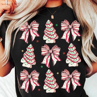 Coquette Christmas Tree Cake Christmas Bow Retro Holiday Merry Christmas Girly Christmas Unisex Short Sleeve Tee Shirt Cotton Top Fit