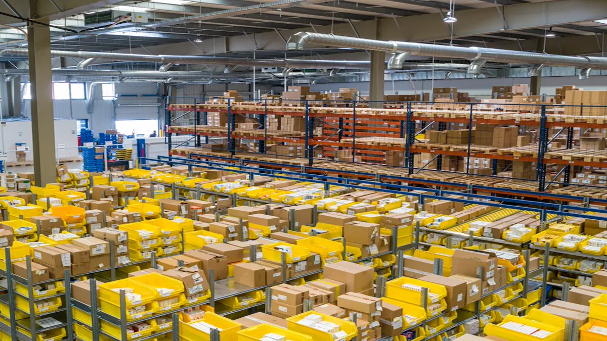 E-commerce Packaging and Fulfillment Shipping Area handmade business: stacked cardboard shipping parcels prepared for carrier transit