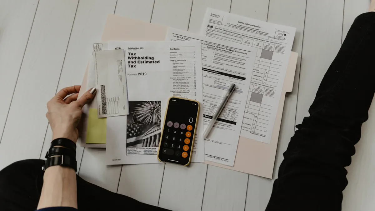 is print on demand profitable: desk with financial ledger, calculator, and laptop showing margin spreadsheet